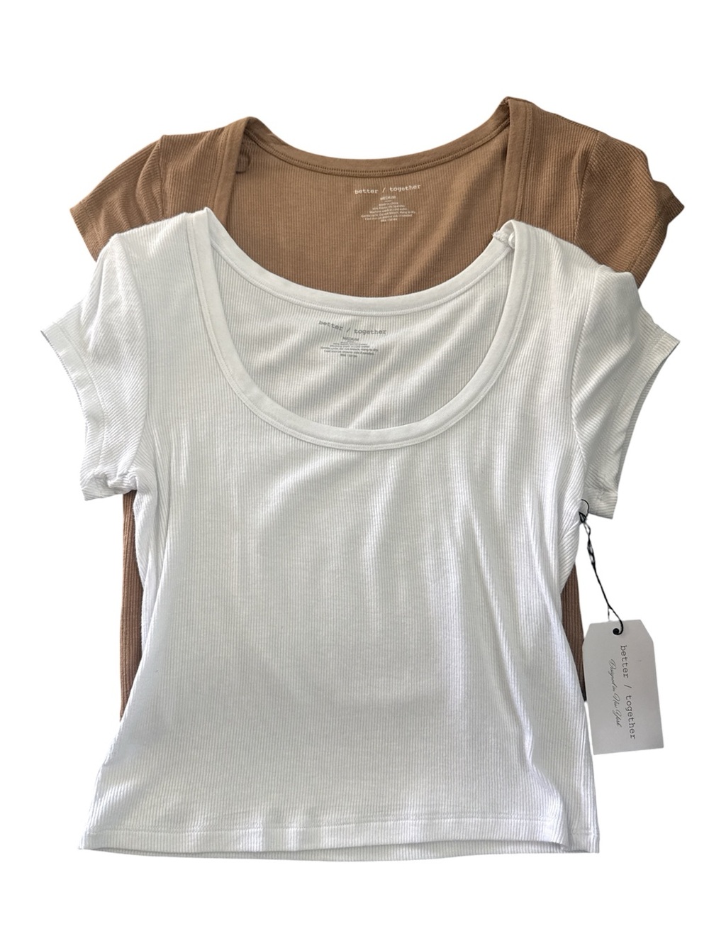 Together Scoop Neck Ribbed Short Sleeve Tee - White & Brown